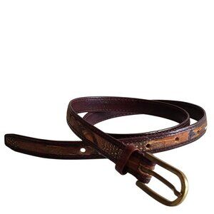Vintage Brown Leather Feather Inlay Belt With Brass Buckle